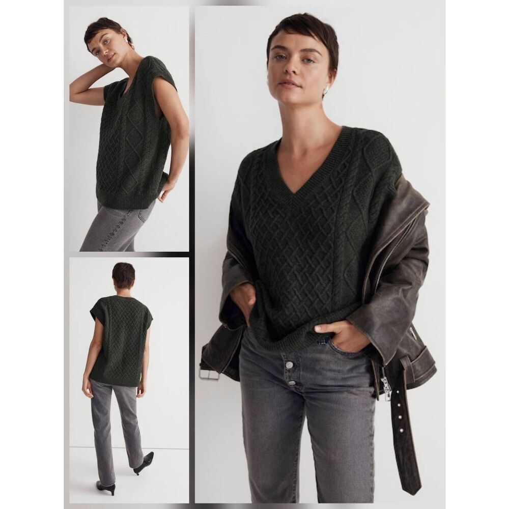 Madewell Wool Blend Cable Knit Dark Academia Fisherman Sweater Vest Sz. XS